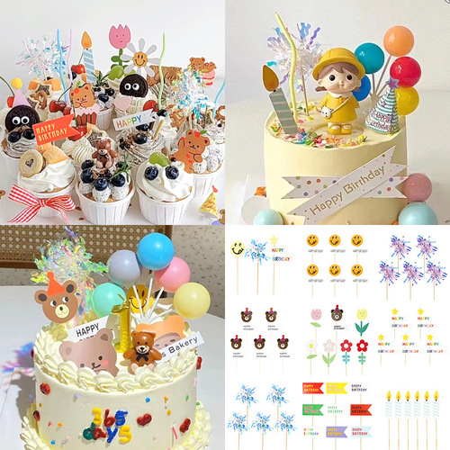 Ins Korean-style cartoon bear smile emoji flower tassel flag paper card cake baking decoration plaque plug-in