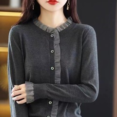 秋季新款圆领女士开衫薄款宽松上衣大码百搭显瘦洋气长袖针织衫