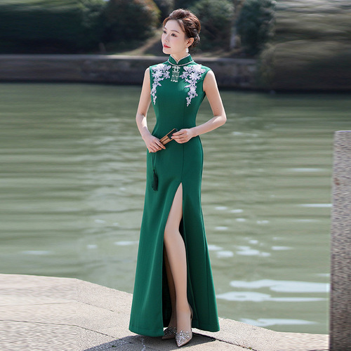 Dark Green lace chinese dresses Long runway cheongsam Chinese Dresses retro Qipao for women girls elegant Chinese wind mother etiquette cheongsam 