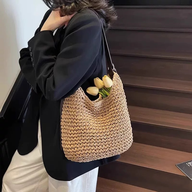 慵懒风松弛感编织包包海边度假托特草编包大容量单肩包编织沙滩包|undefined