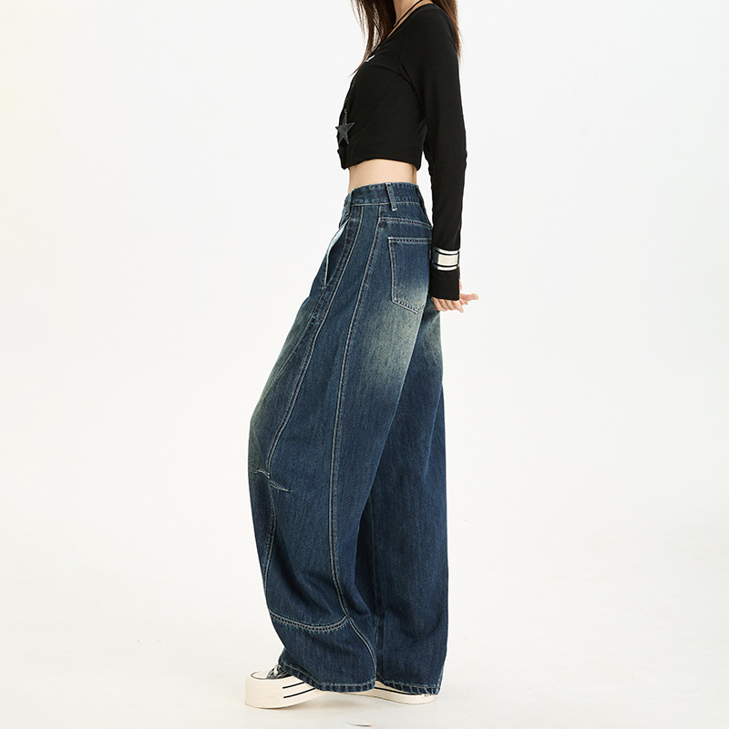 美式复古休闲弯刀牛仔裤女2025秋冬设计高腰宽松显瘦拖地阔腿裤子|undefined