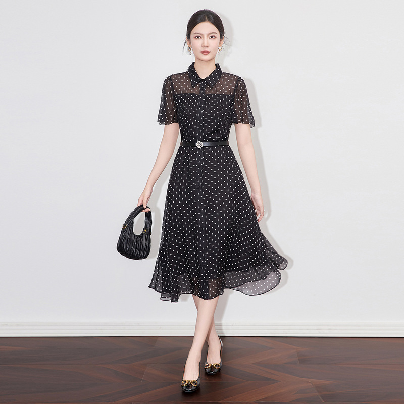 2509510-Polka Dot Print French Style High-End Short-Sleeved Retro Design Dress for Women Summer Nanyou Style