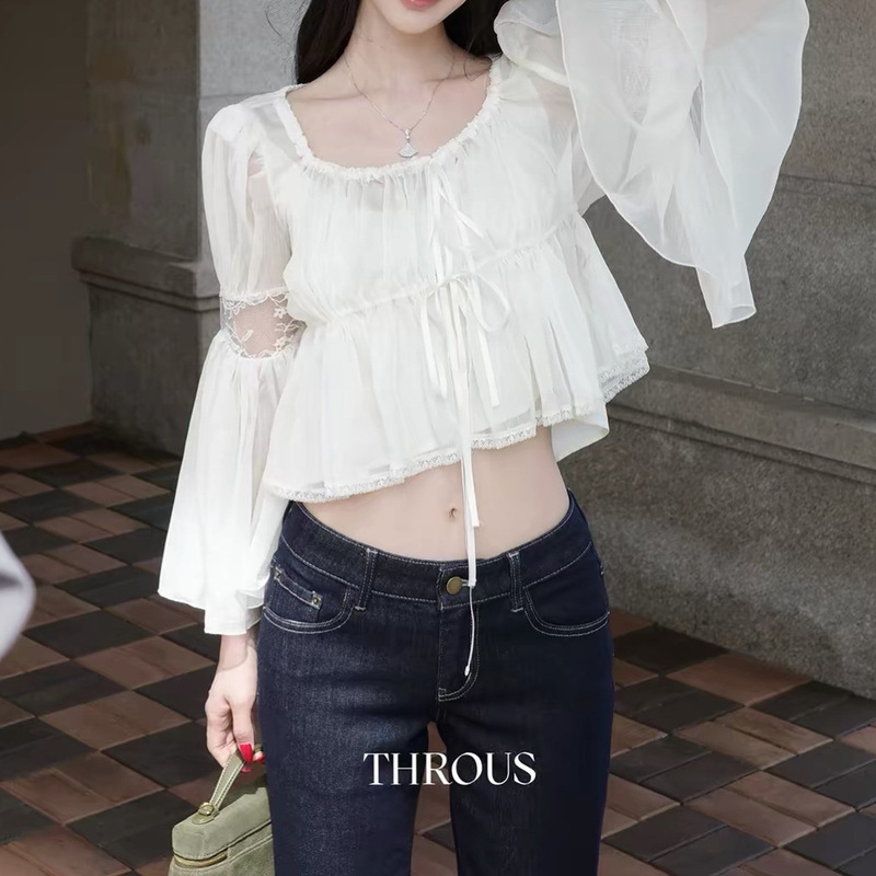 Xiebu Rou: Women's autumn gentle style short chiffon top with lace square collar, ruched details, bell sleeves, and a cinched waist