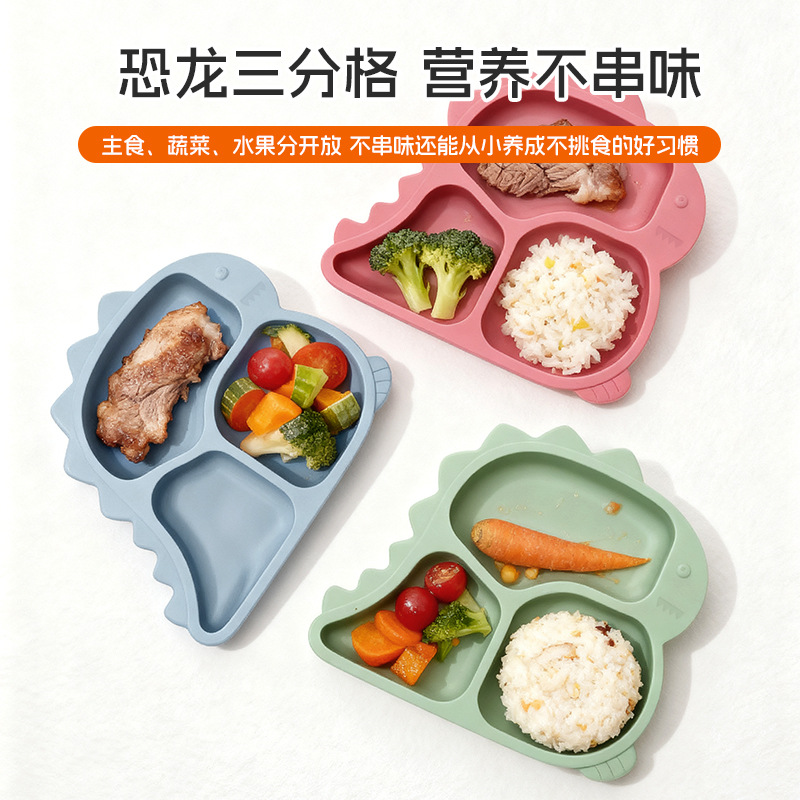 Alimentación infantil platos de dinosaurio set de platos de entrenamiento cucharas para bebés de silicona dibujos animados bajacos ventosa tazón