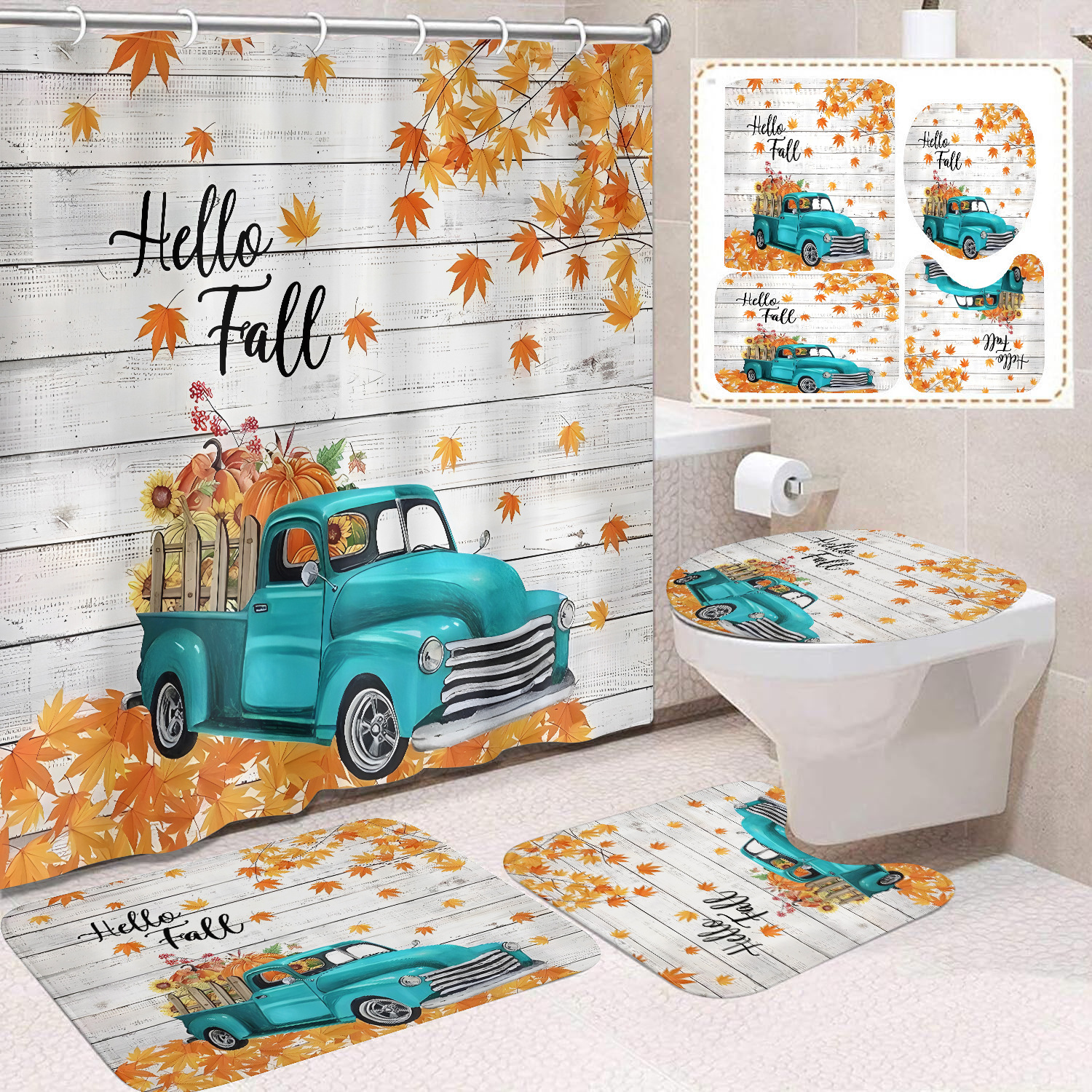 Cortina de ducha de Acción de Gracias, cosecha de otoño, serie de calabaza, cortina de ducha, cortina de baño, cortina de baño impermeable de poliéster, cortina de baño de cuatro piezas image 43