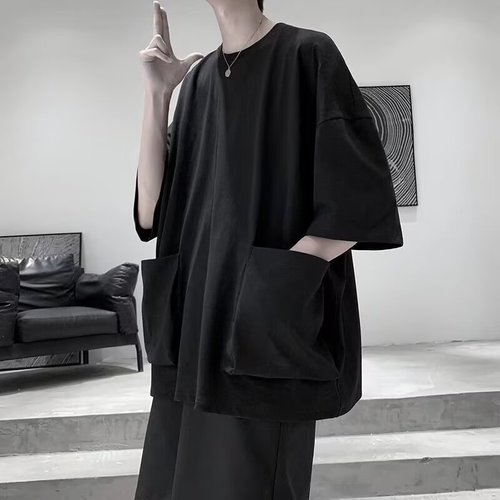 Japanese loose large pocket summer men's round neck short sleeve T-shirt Korean style student fashion versatile five-and-a-half sleeve