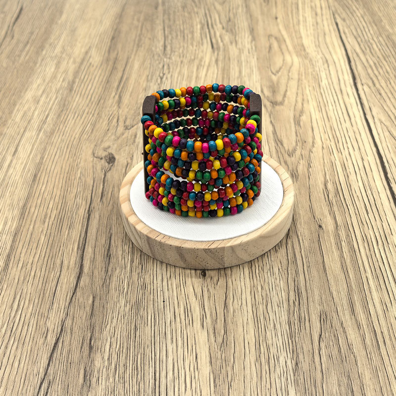 跨境爆款波西米亚多层彩色咖色圆木珠宽手镯女批发 wood bracelet