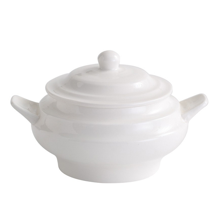 Hotel 6inch Single-person double-handled soup bowl with lid, bird's nest soup bowl, household ceramic soup cup with logo and embossed design