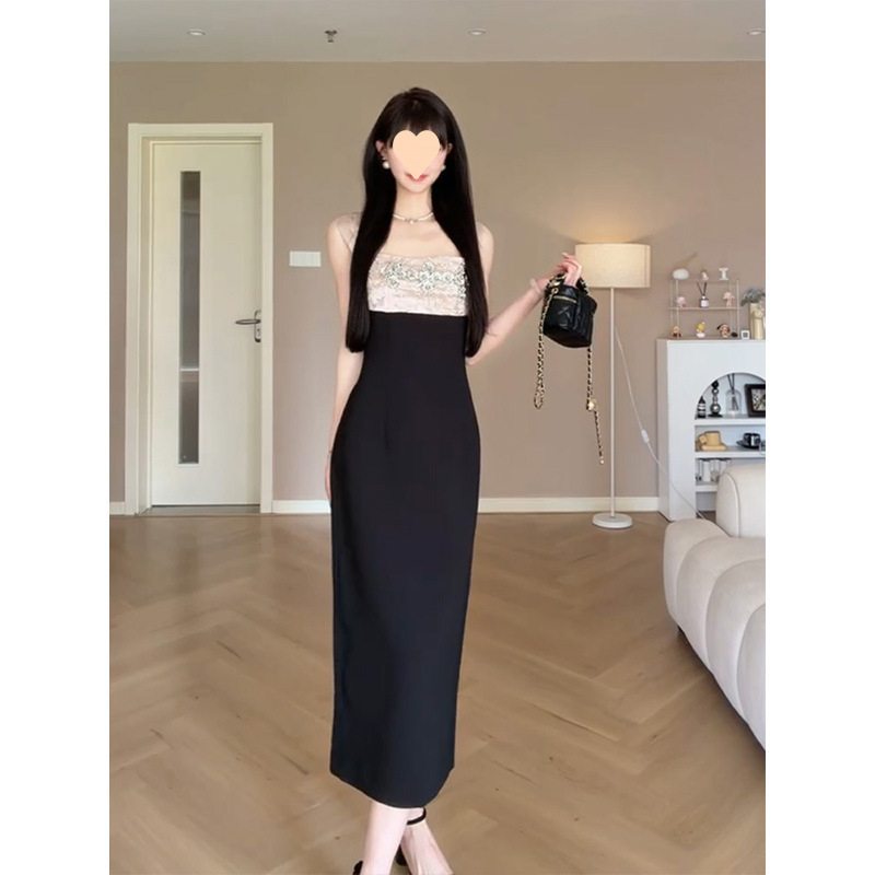 Affordable French Elegant Style Beaded Sequin Strap Dress for Women, Light Luxury Socialite Style, Waist-Cinching Long Dress, Popular Women's Dress