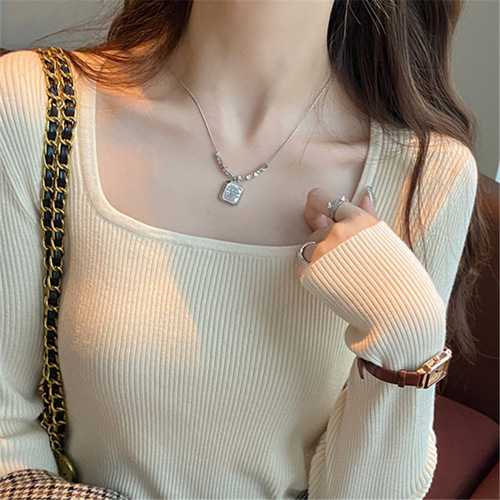 Base shirt women's 2024 early autumn new thin knit sweater short style slim-fit innerwear square collar long-sleeved top