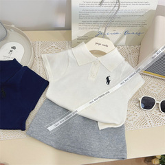 韓版童裝2024新款夏季女童薄款針織polo衫兒童百搭灰色裙褲兩件套