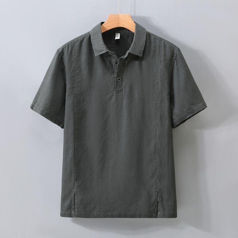 1517 ピュアリネン半袖シャツメンズ軽量通気性 Tシャツポロシャツ夏リネンカジュアル薄手トップ|undefined