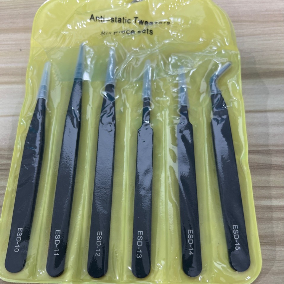 厂家供应工具6件套镊子 ESD不锈钢尖头弯头袋子套装 夹燕英文外贸