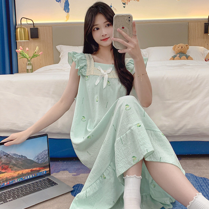 2024 verano vestido de pajama de mujer vestido largo suelto arco dulce dormitorio del campus se puede usar vestido de pijama rojo