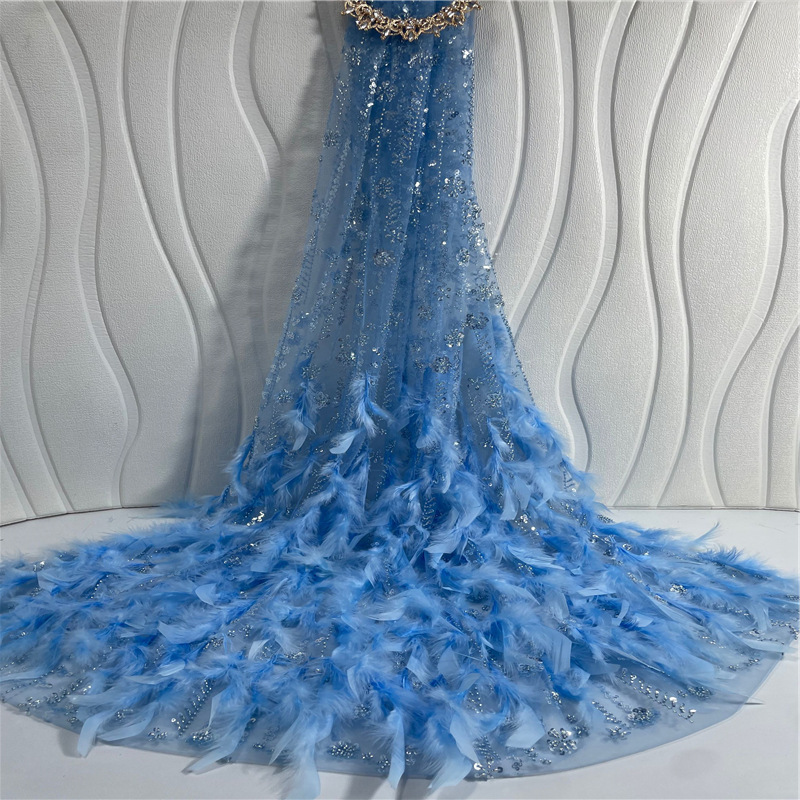 法式风格重手工羽毛高档婚纱晚礼服珠子管亮片绣花网纱布刺绣面料