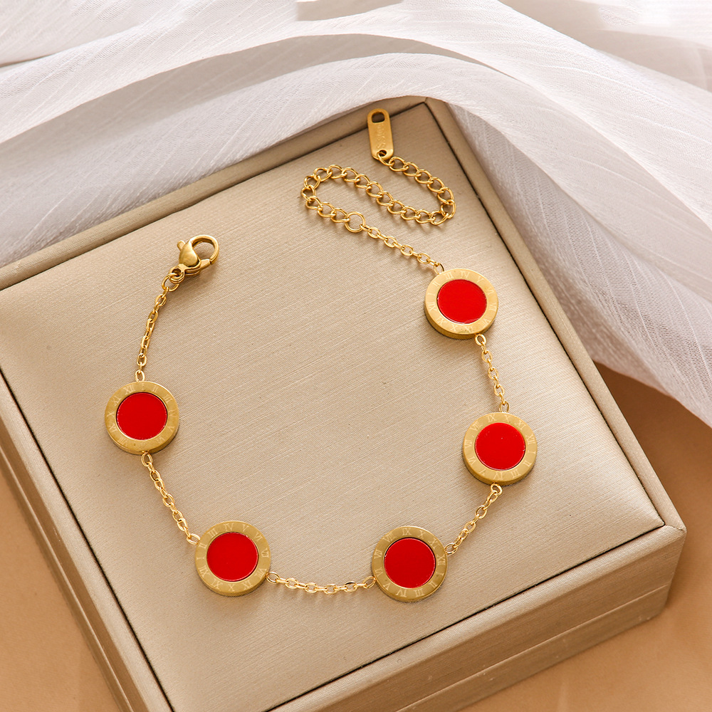 Pulsera de trébol de acero titanium vendedora caliente transfronteriza europea y americana con incrustaciones de concha pulsera colgante pulsera de diseño avanzado sin desvanecimiento al por mayor