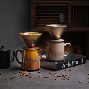 Retro Stoneware Hand-Brewed Coffee Filter Cup Coffee Pot Set Ceramic Drip Filter Hand-Brewed Coffee Sharing Pot Set