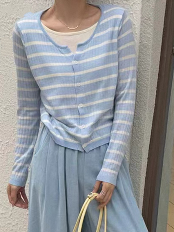 温柔风假两件上衣女2025秋宽松休闲复古气质设计感条纹针织衫外搭|undefined