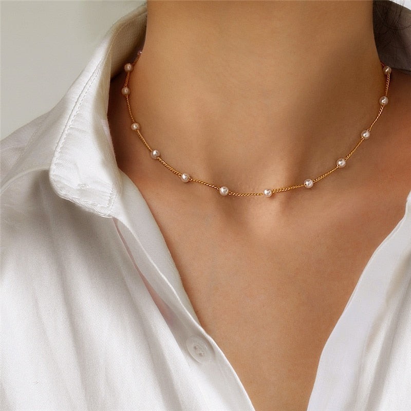 欧美跨境热销新款圆珠珍珠合金可爱清新项饰气质项链锁骨链饰品