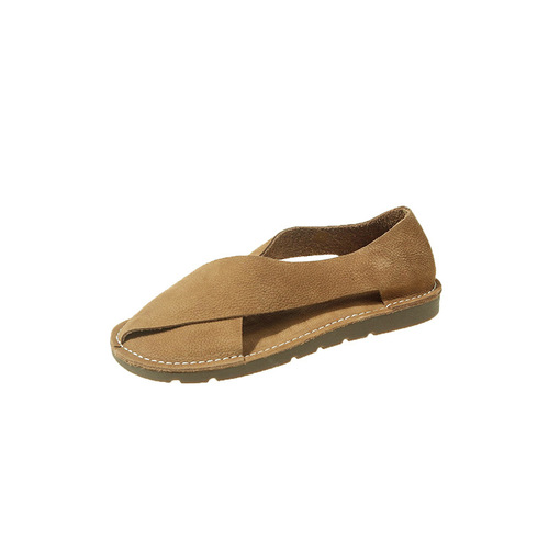Summer Soft Leather Women's Round Toe Slip-On Roman Fisherman Sandals Women's Retro Sandals Plus Size