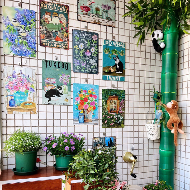 Pintura de hojalata pastoral Flor antigua retro Arte de hierro Pintura colgante pequeña Jardín al aire libre Balcón Decoración de pared Colgante transfronterizo