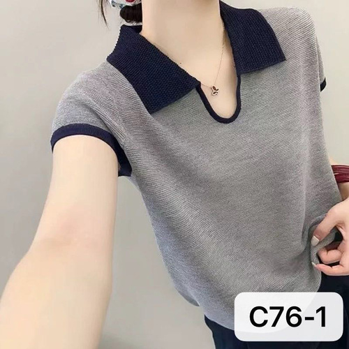 Summer knitted POLO shirt, short-sleeved T-shirt, contrasting collar, breathable ice silk, fashionable and expensive temperament, casual, comfortable and high-end feeling