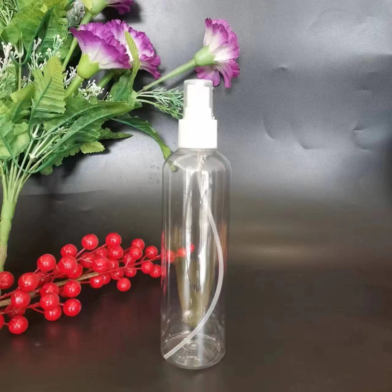 新款250mlpet透明喷雾瓶圆肩侧喷香水酒精分装瓶塑料瓶防漏设计