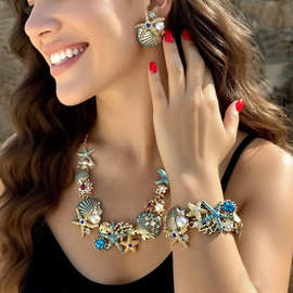 海岛风情沙滩海星度假四件套套链合金镶钻波西米亚跨境贝壳首饰