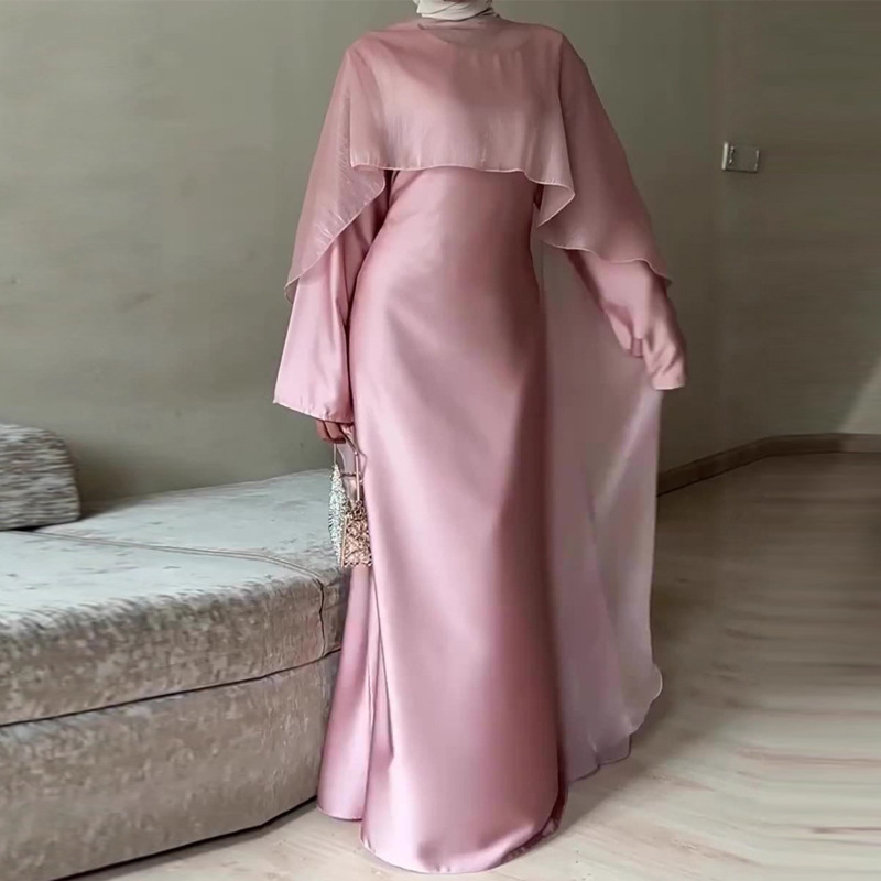 Amazon European and American Clothing Autumn New Soft and Sweet Elegant Pure Color Round Neck Long-Sleeved Silky Slim Dress