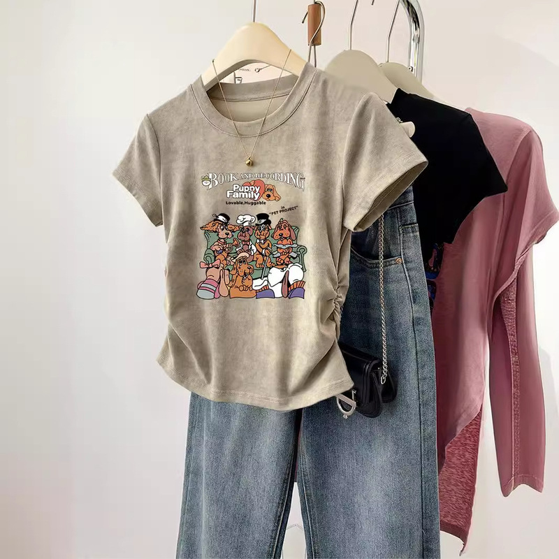 Vintage Shoulder Cat Printed Short-sleeved T-shirt Women's Summer New Girl's Tight Waist Pleated plus size Design Short Top