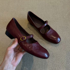 シープスキンバージョン～女性用浅口本革万能ワンラインバックルフラットメリージェーンシューズレトロシンプル通勤ローヒールシューズ
