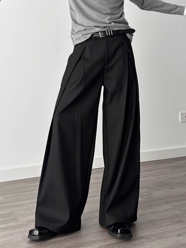 A-Shape Wide-Leg Pleated Pants with 3D Crease Design, Loose and Flowy Ground-Length Summer Casual Trousers for Men