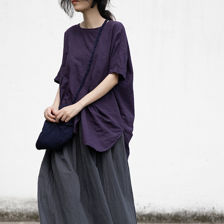 Shanqiannian Spring and Summer New Cotton and Linen Irregular Short-sleeved T-shirt Casual Artistic Retro Short-sleeved Four-prong Top