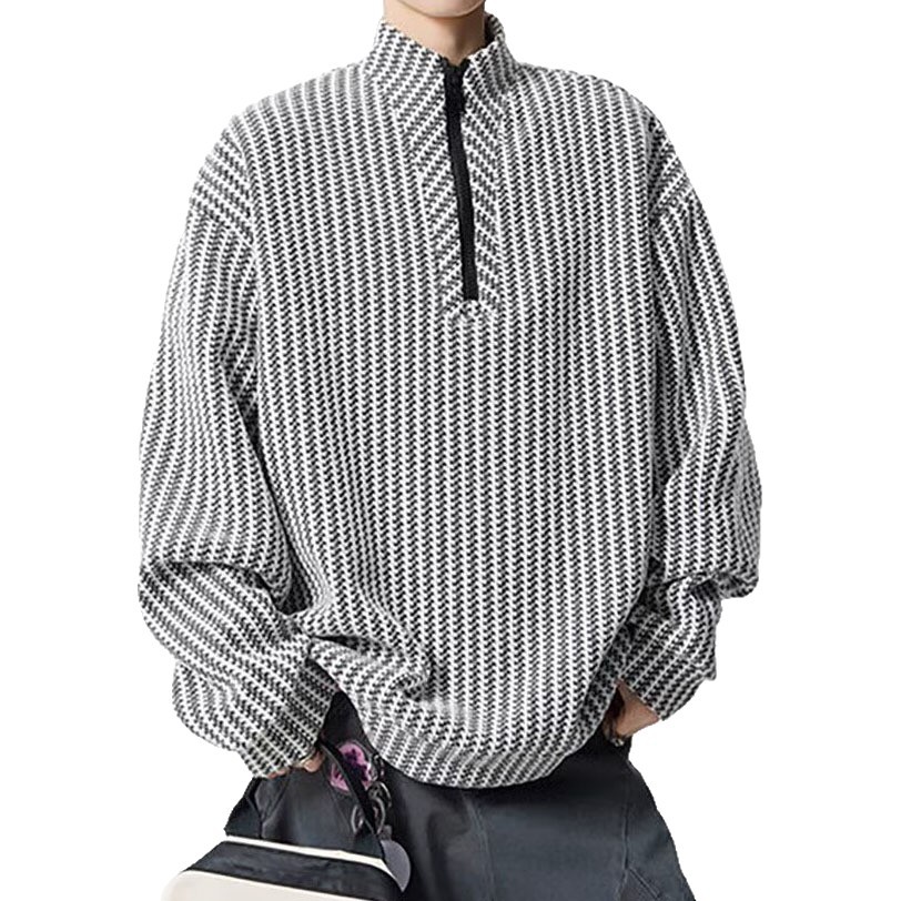 Hueso de pescado estriado semi-cremallera suéter hombre vello suave glutinoso primavera otoño manga larga medio alto cuello marea fábrica transfronteriza al por mayor