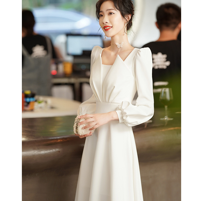 White Evening Dress 2026 Long-Sleeved Banquet Socialite Elegant Long Dress Satin Annual Meeting Host Evening Dress White Evening Dress 2026 Long-Sleeved Banquet Socialite Elegant Long Dress Satin Annual Meeting Host Evening Dress