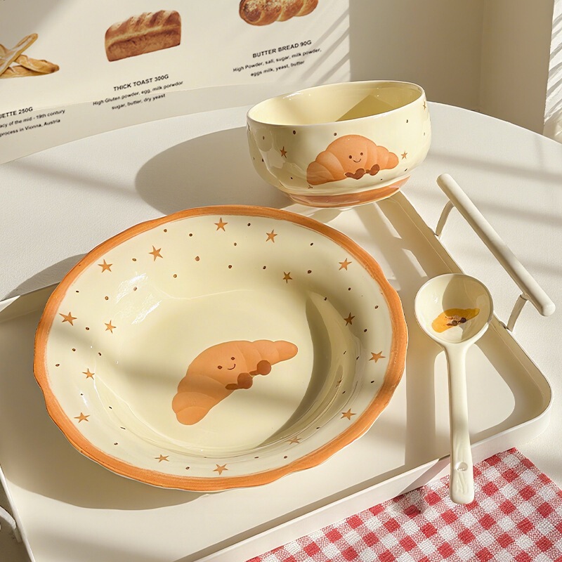Cute Bread-Themed One-Person Dining Set, Ceramic Plates and Bowls, High Aesthetic Value Dessert and Fruit Bowls, Deep Plates, Breakfast Plates Cute Bread-Themed One-Person Dining Set, Ceramic Plates and Bowls, High Aesthetic Value Dessert and Fruit Bowls, Deep Plates, Breakfast Plates