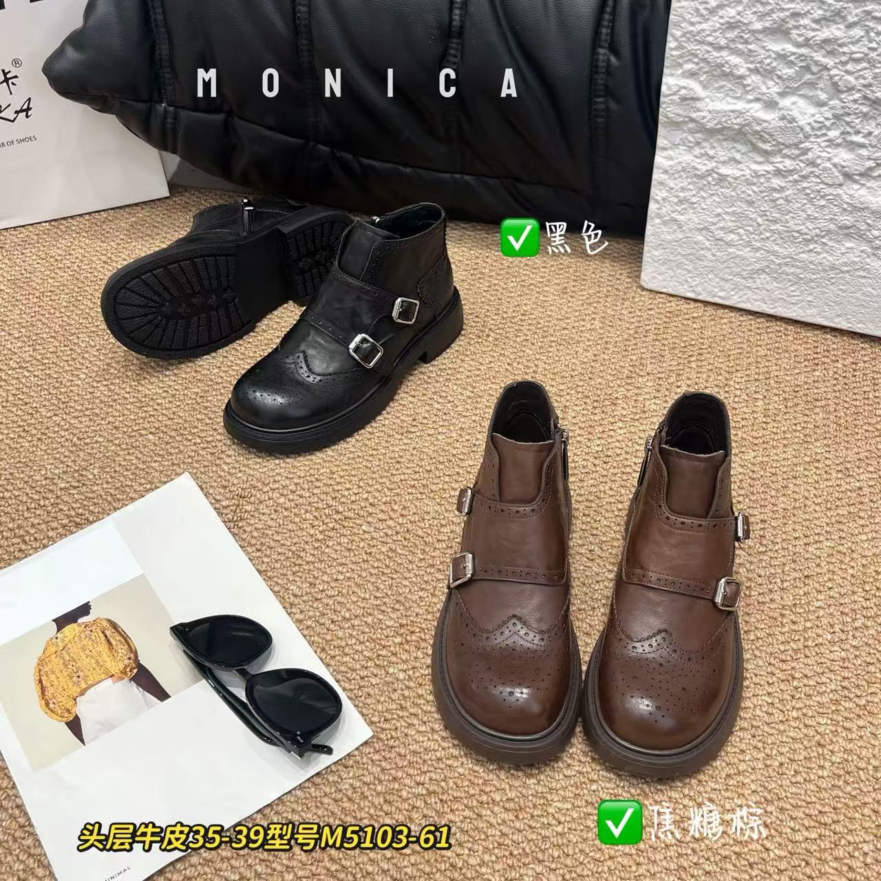 菲梵巴黎2025新款英伦风复古雕花巴洛克单鞋女圆头粗跟孟克小皮鞋