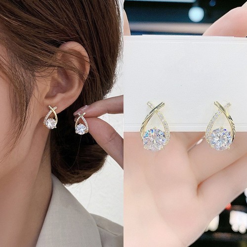 s925 silver needle geometric cross zircon earrings Korean style new fashion fishtail diamond light luxury multi-match earrings for women wholesale