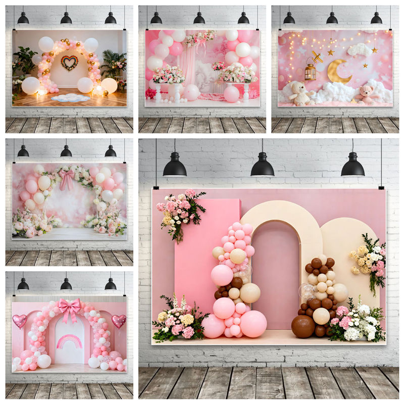 Blue Sky, White Clouds, Pink Moon, Bow, Children's Birthday Party Scene, New Photo Photography Background Cloth Banner Blue Sky, White Clouds, Pink Moon, Bow, Children's Birthday Party Scene, New Photo Photography Background Cloth Banner