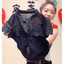 短袖女夏雪纺衫遮肚子苗丝上衣透纱半袖恤衫显瘦黑色衬衫潮