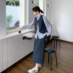 グレースーツのベストセット女性春2025新型高級感気質シャツカジュアルワイドパンツ3点セット