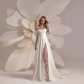 欧美一字肩晚礼服2025新款高级感轻奢白色礼服开衩小拖尾轻婚纱女