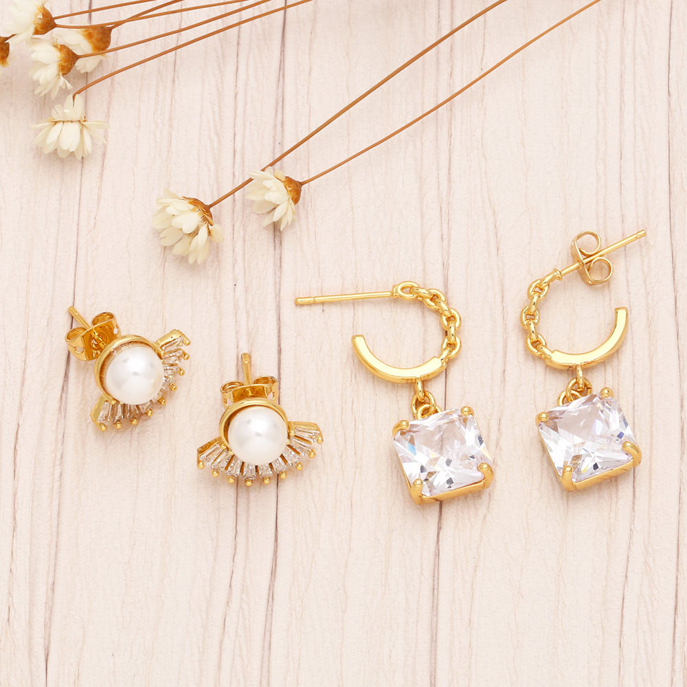 Fashion Square Copper Drop Earrings Inlay Pearl Zircon Copper Earrings