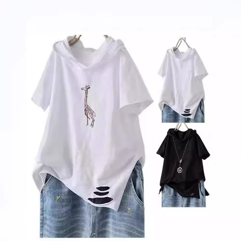 2024 Amazon AliExpress Summer New Loose White Burned Flower Short-sleeved Artistic Hole Casual Hooded T-shirt 2024 Amazon AliExpress Summer New Loose White Burned Flower Short-sleeved Artistic Hole Casual Hooded T-shirt