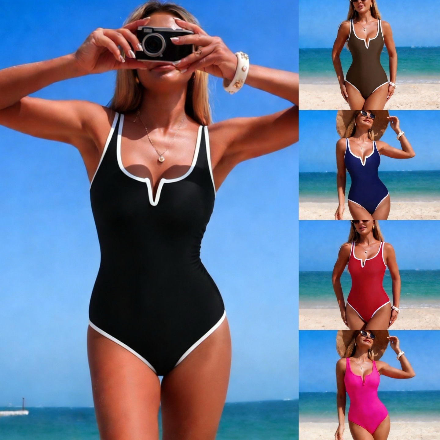 2026欧美跨境新款连体泳衣亚马逊纯色拼接性感比基尼遮肚显瘦泳装