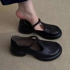 羊皮版~时尚复古简约圆头厚底玛丽珍鞋女通勤百搭黑色小皮鞋单鞋