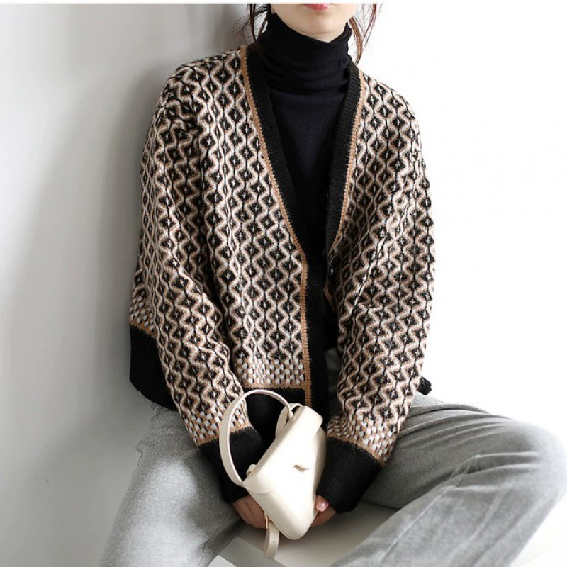 Винтажный контрастный жаккардовый вязаный свитер для волос, кардиган, Женский Новый универсальный ромбовидный свитер, куртка, Свободный Топ, 2023