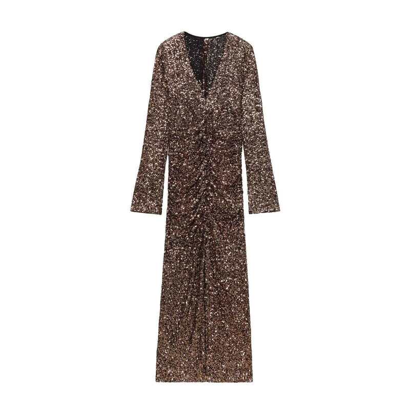 Za Cross-Border European and American Foreign Trade Women's Clothing Aliexpress Hot-Selling Spring Fashion Gold-Plated Long Dress
