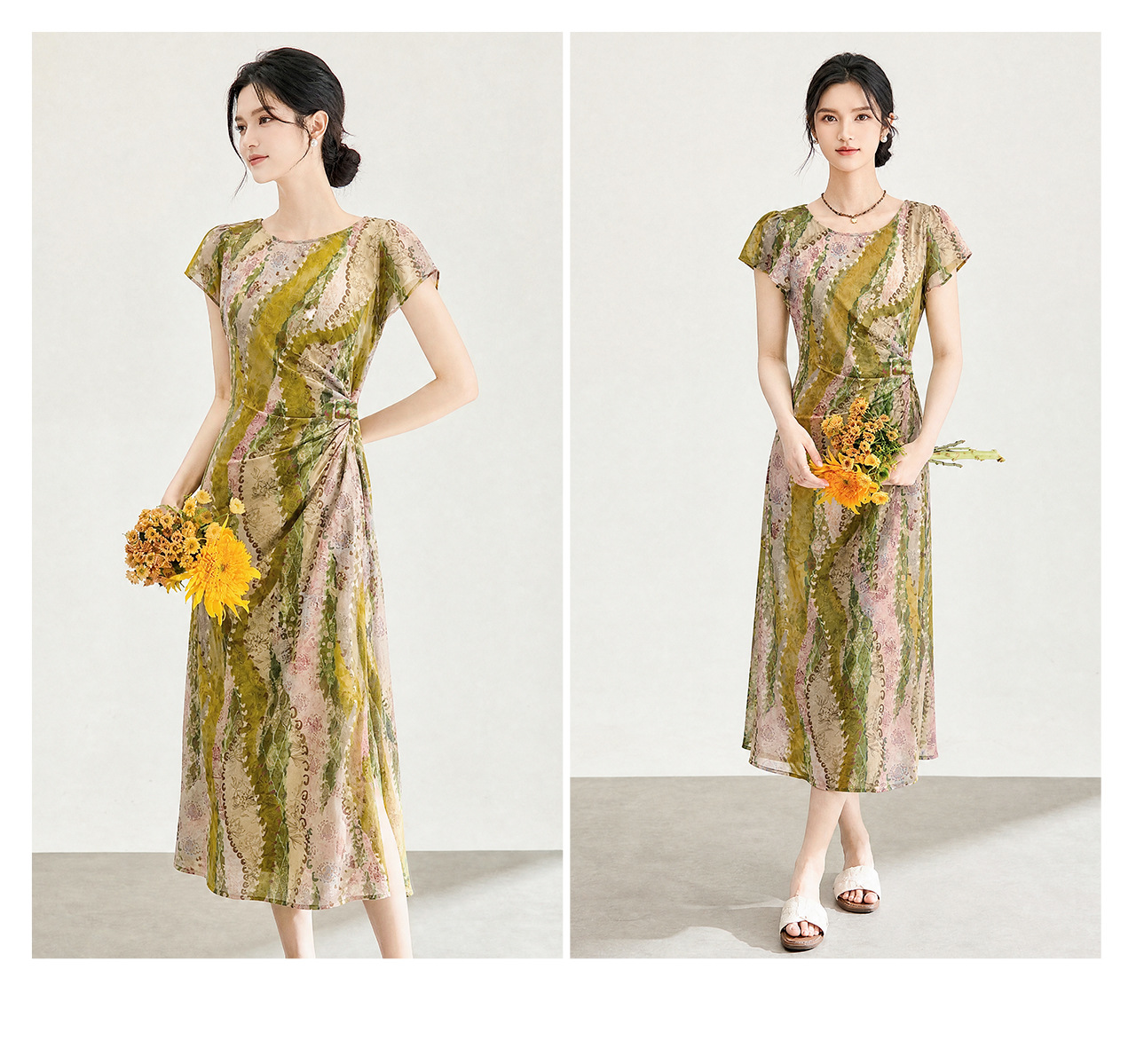 Đầm maxi nữ họa tiết bohemian tay ngắn thắt eo chất liệu voan — màu hồng chi tiết 22