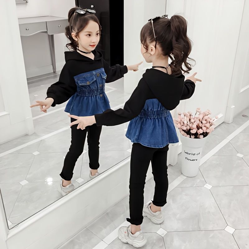 Girls' Autumn Outfit Set 2025 New Korean Style Trendy Denim Dress for Older Children, Internet Celebrity Fashionable Two-Piece Set